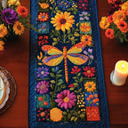 Dragonfly Among Flowers on Navy Table Runner