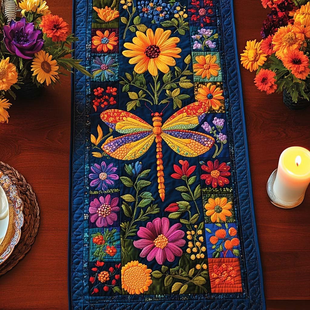 Dragonfly Among Flowers on Navy Table Runner
