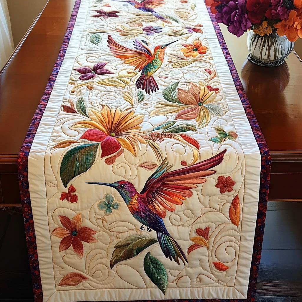 Hummingbird with Lilies on Cream Table Runner