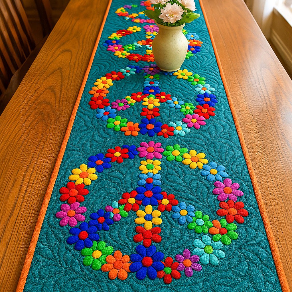 Blossoming Peace Flower Peace Sign on Teal Table Runner