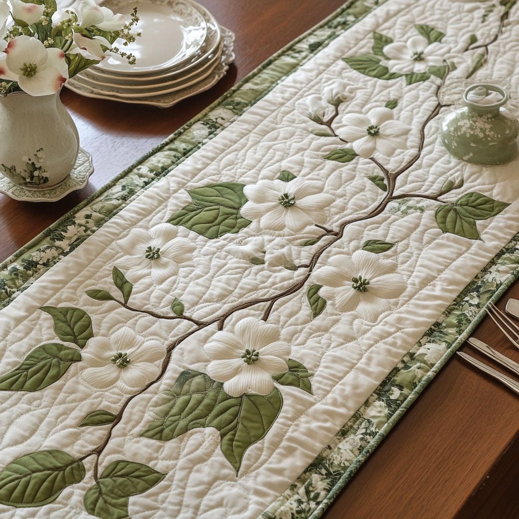 Cream Quilted Leaves and Vines Table Runner