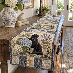 Blue Garden Black Cat Table Runner - Made to Order