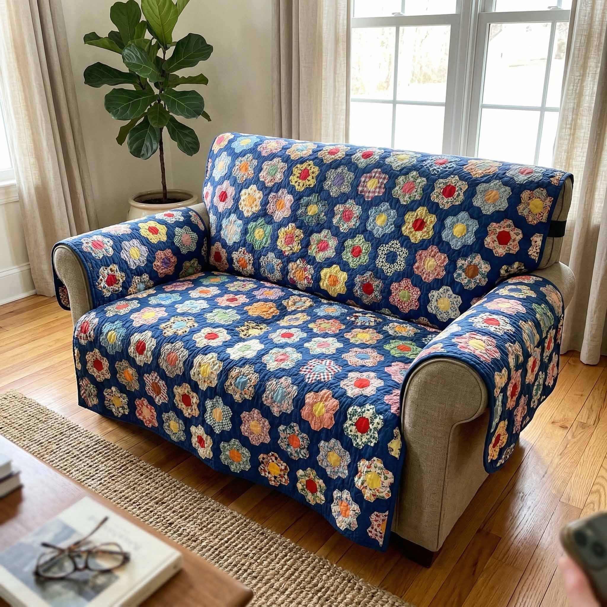 Blue Floral Repeat on Navy Sofa Cover