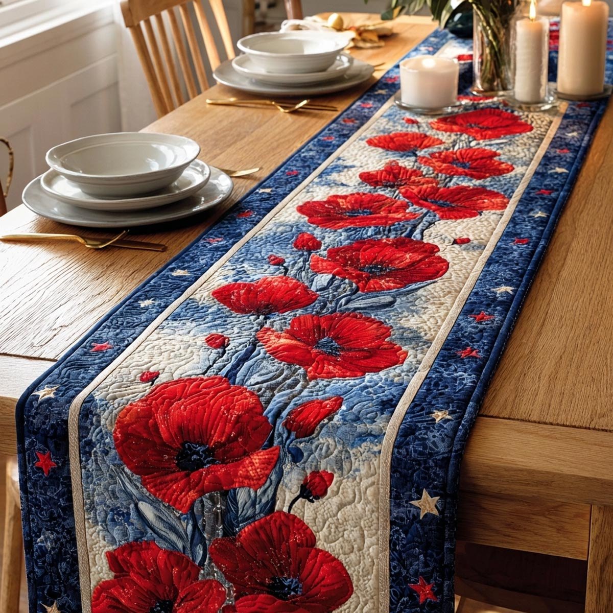 Red Poppies on Blue Stripes Table Runner