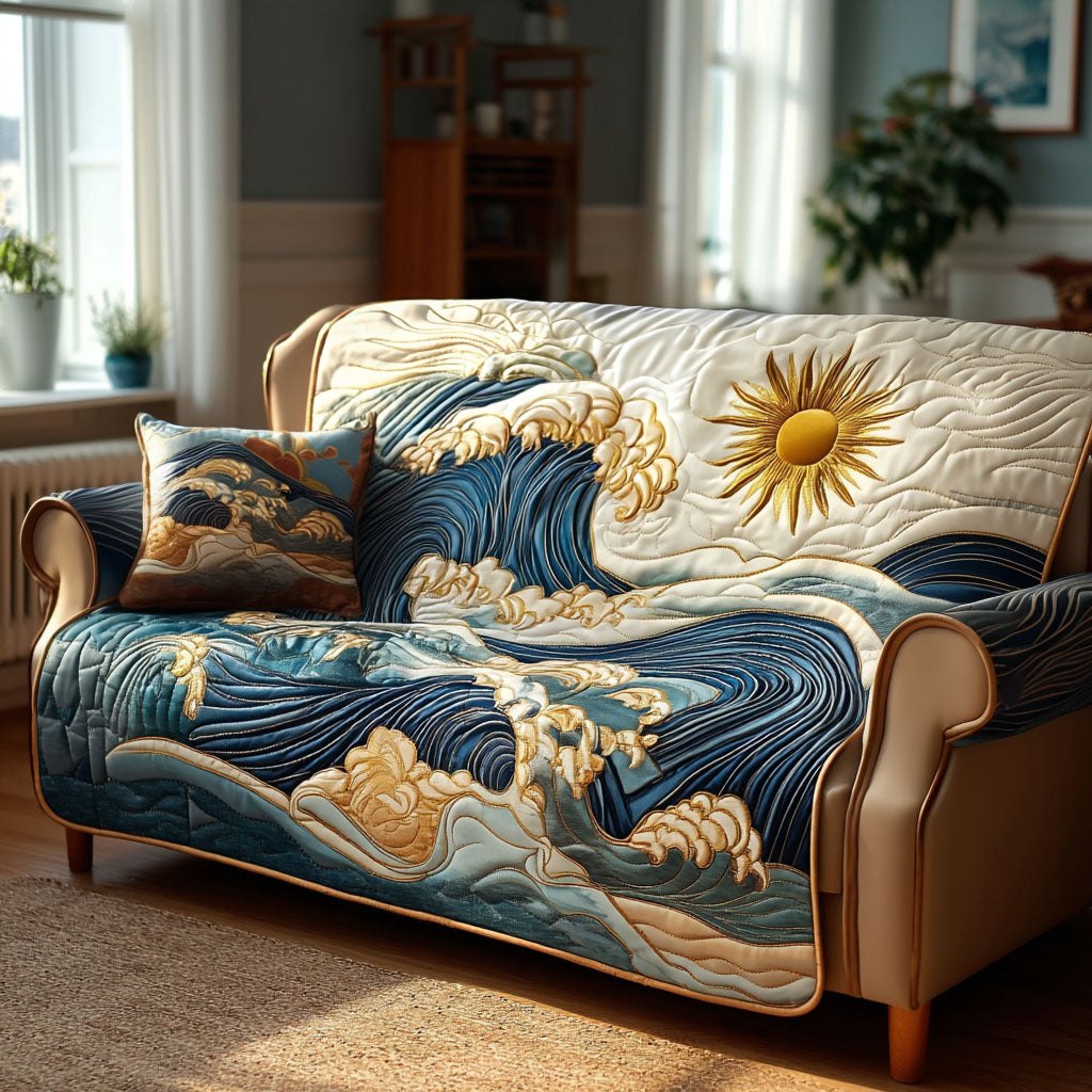 Ocean Wave with a Golden Sun Sofa Cover