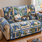 Blue Hydrangea Cats Library Sofa Cover
