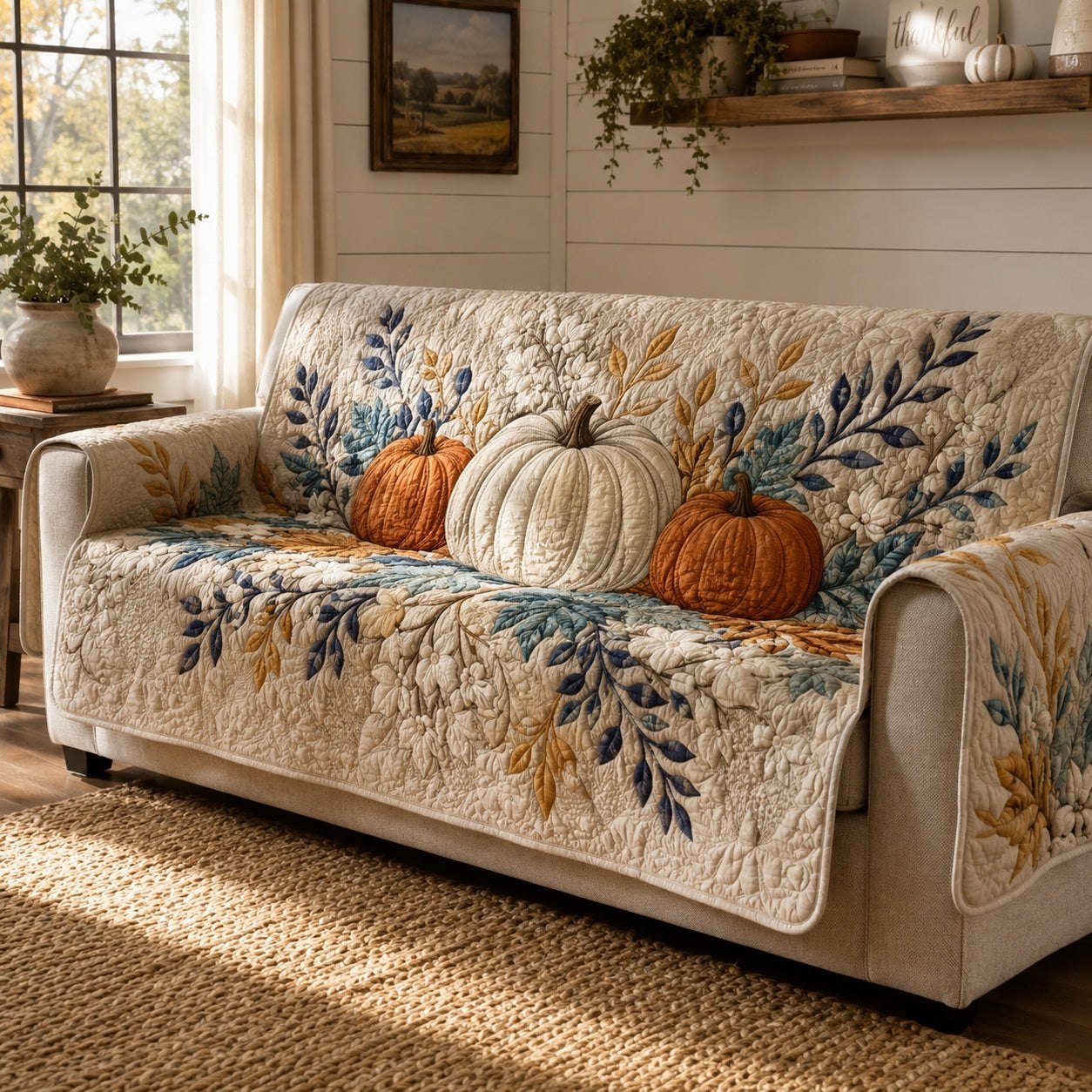 Blue Leaves Sofa Cover