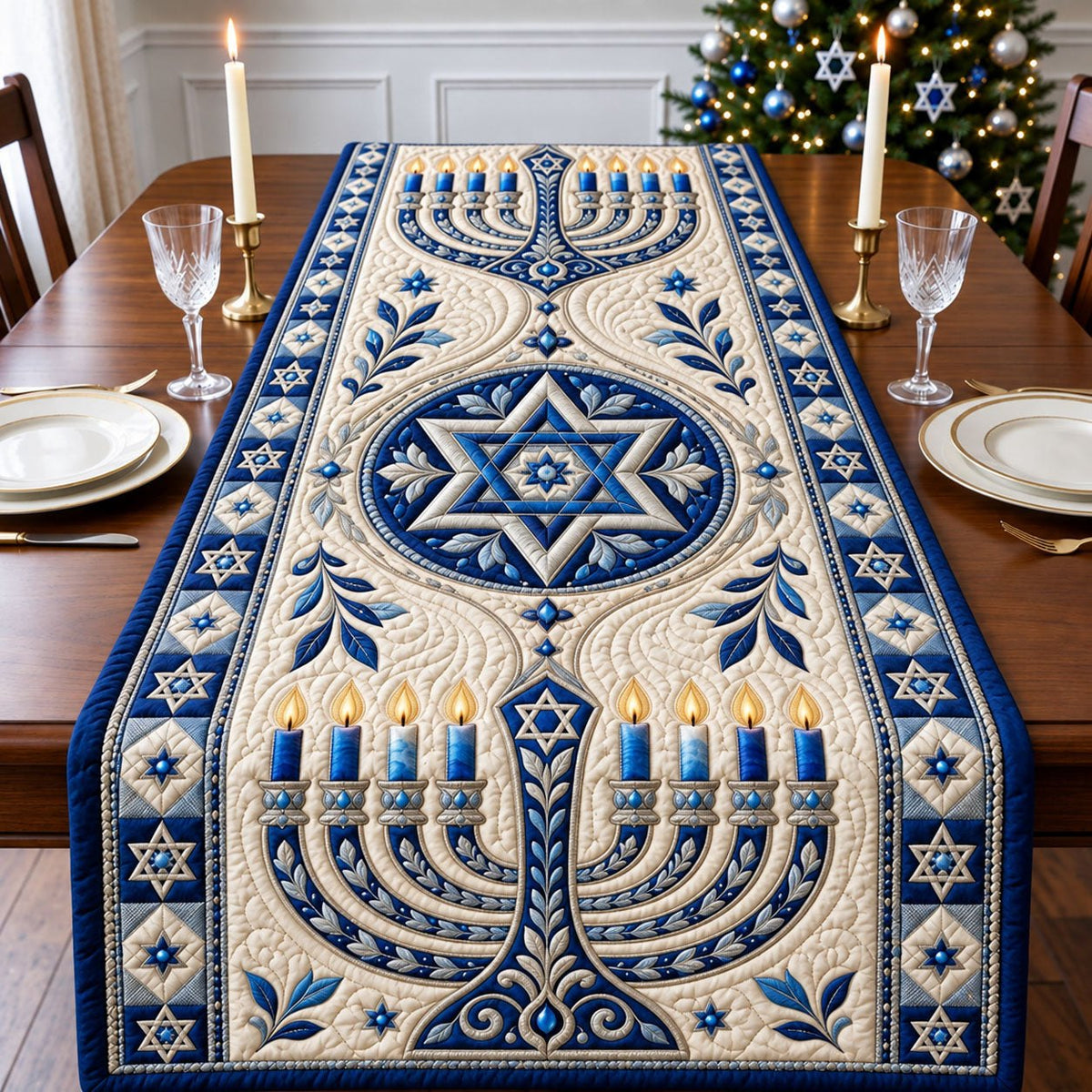 Blue Menorah Glow Table Runner