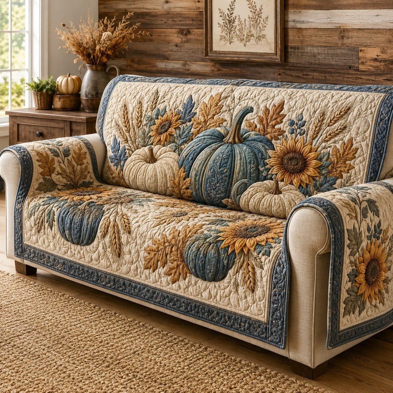 Pumpkins and Sunflowers on Cream Sofa Cover