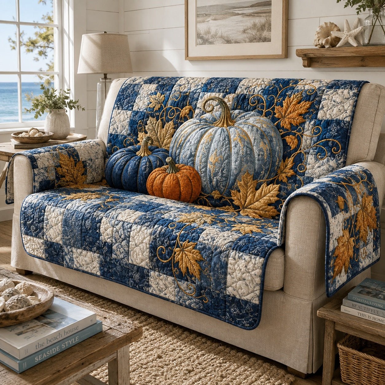Blue Check Pumpkin Patch Sofa Cover