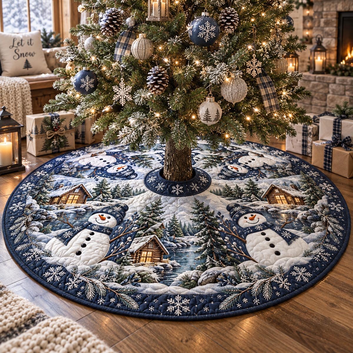 Blue Snowman Village Christmas Tree Skirt