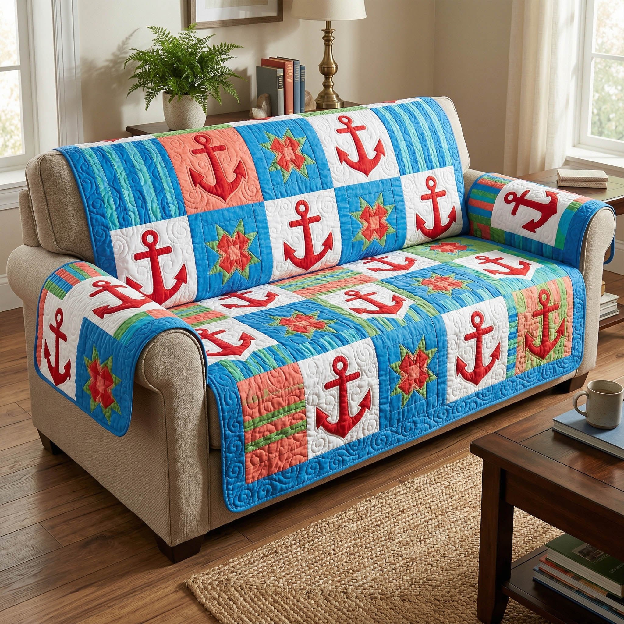 Red Anchors on Blue Check Sofa Cover