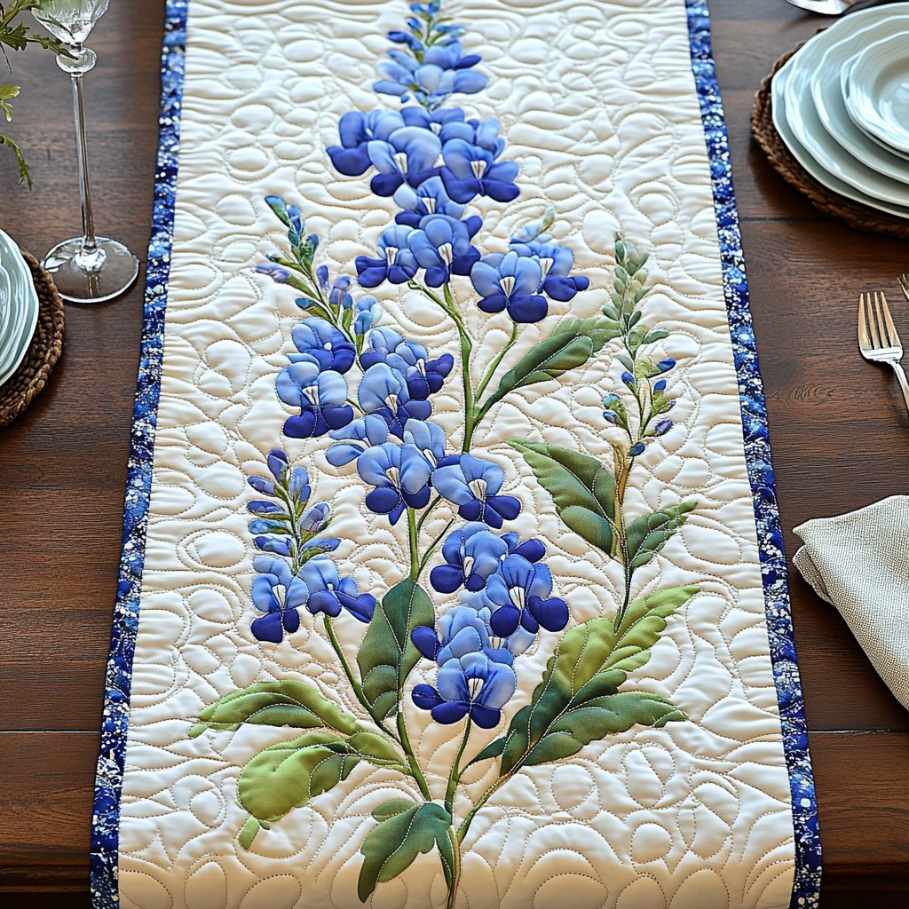 Bluebonnet Stalks on Cream with Blue Border Table Runner