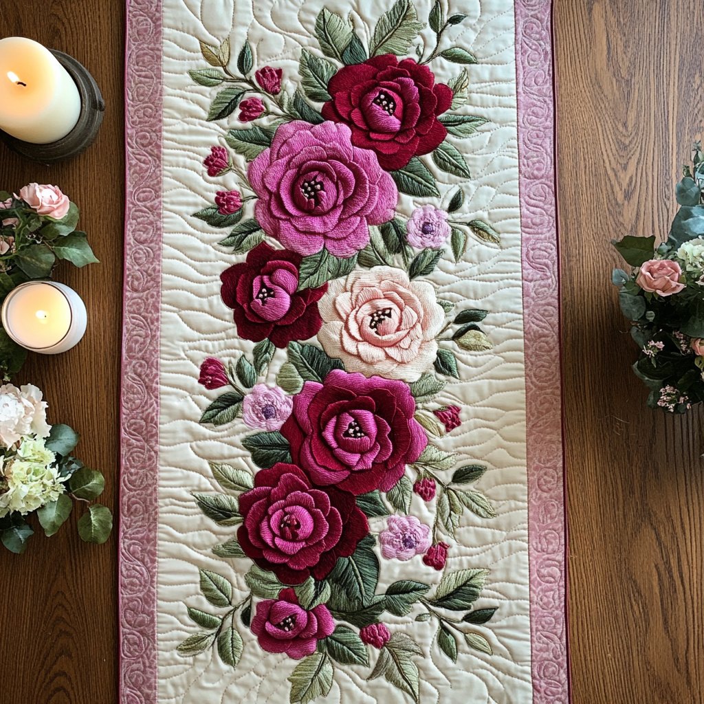 Pink and Burgundy Roses with Pink Border Table Runner