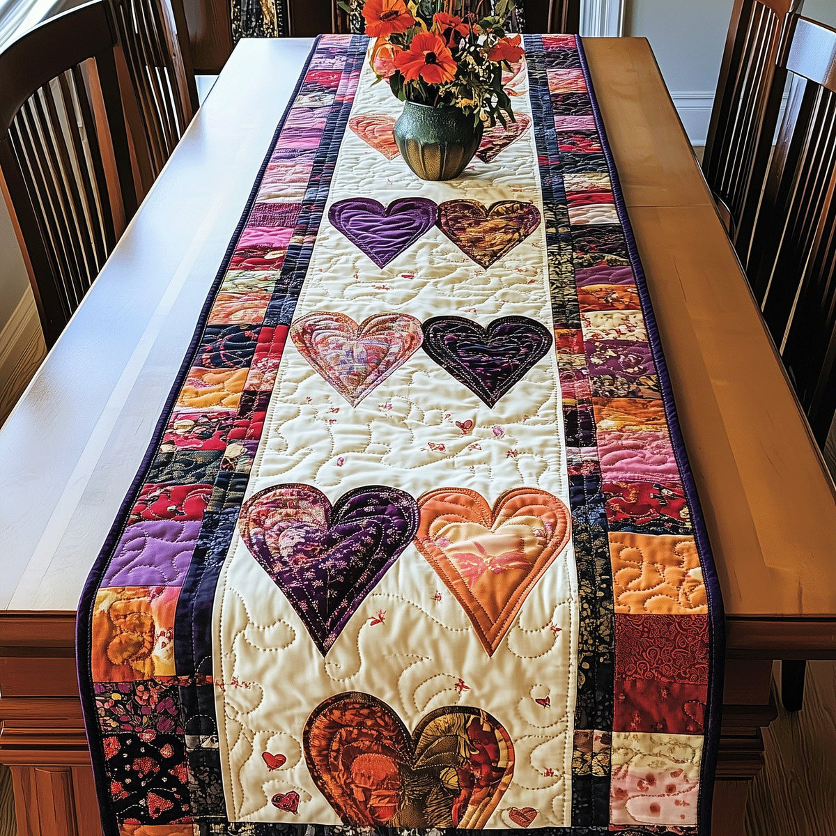 Hearts on Warm Patchwork Stripes Table Runner