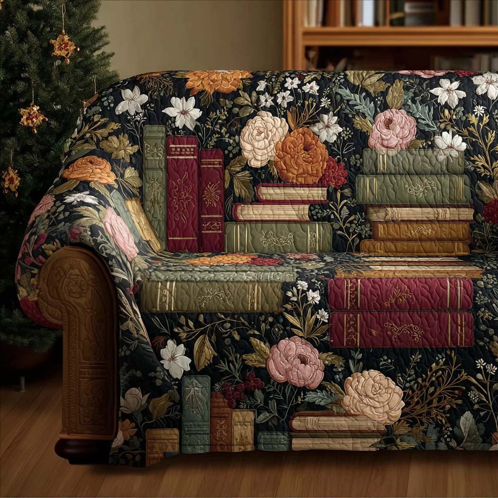 Book Stack on Dark Florals Sofa Cover