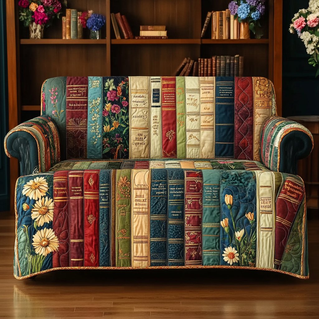 Bookshelf with Green Leaves Sofa Cover