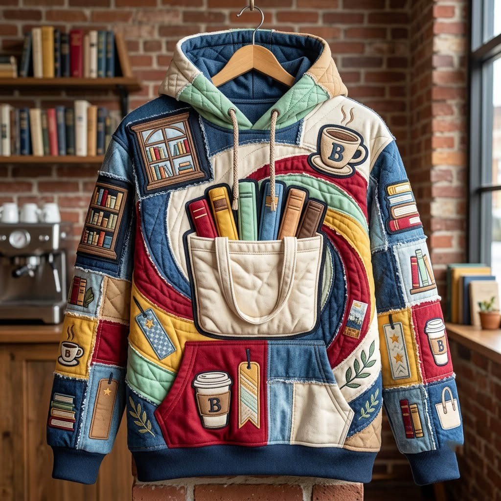 Bookshelf Coffee Pocket Blue hoodie, all-over print
