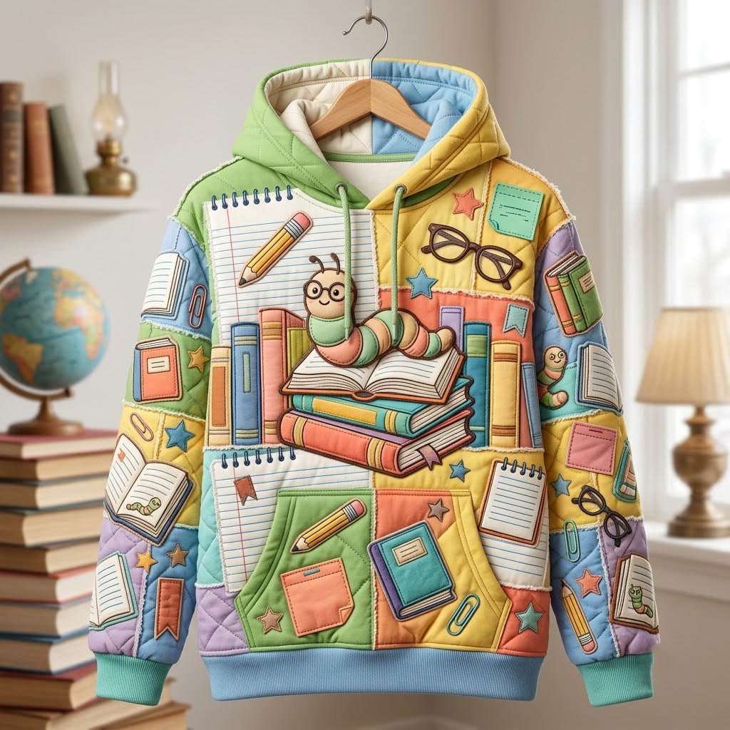 Bookworm Notebook Pencil hoodie, all-over print
