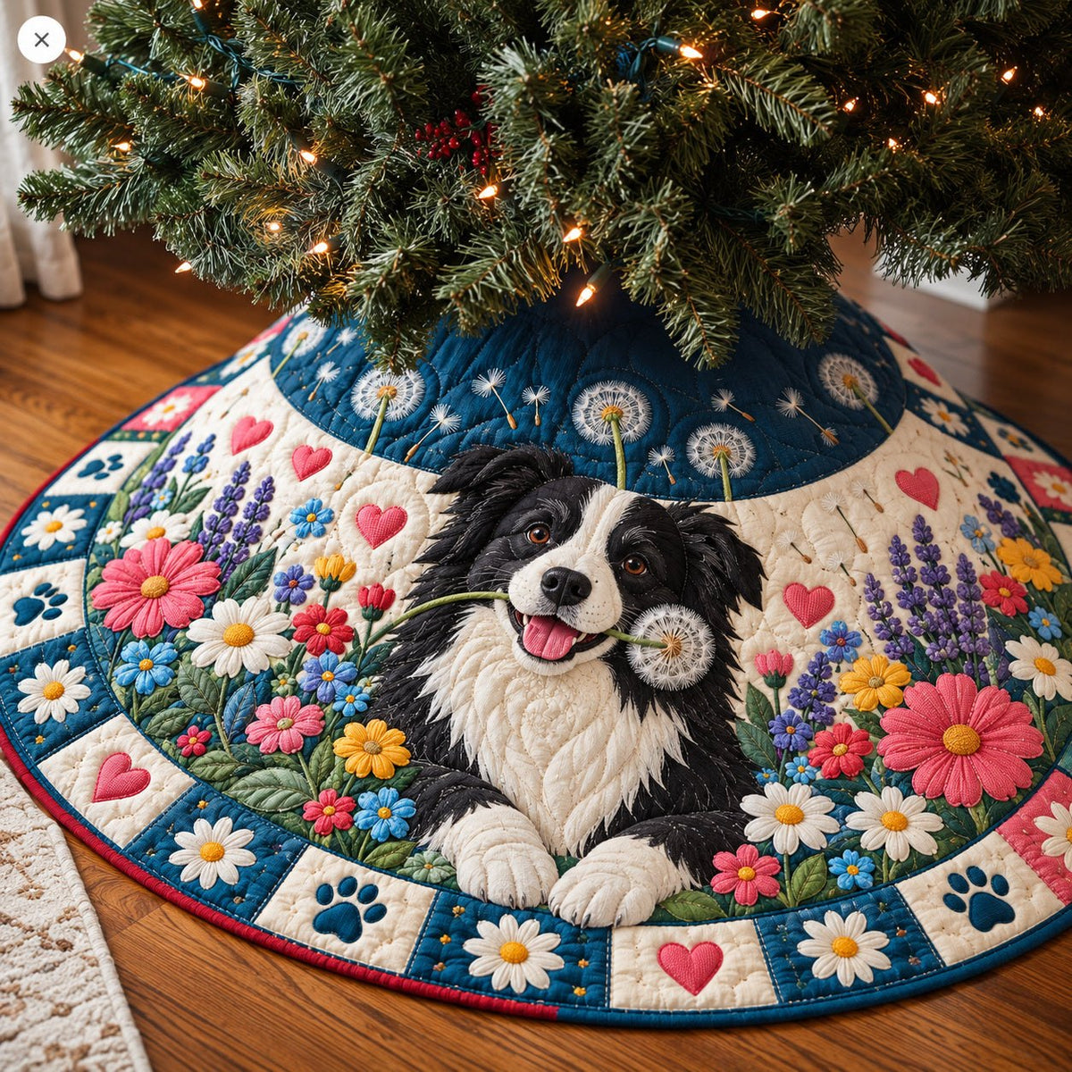 Border Collie Flower Christmas Tree Skirt