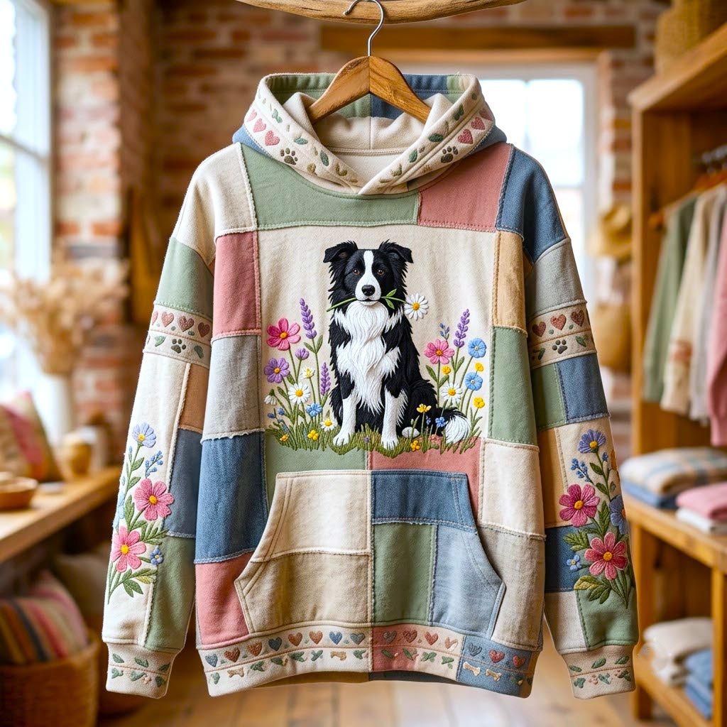Border Collie in Pastel Flower Patchwork hoodie, all-over print