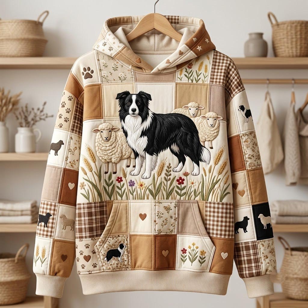 Border Collie and Sheep in a Meadow hoodie, all-over print