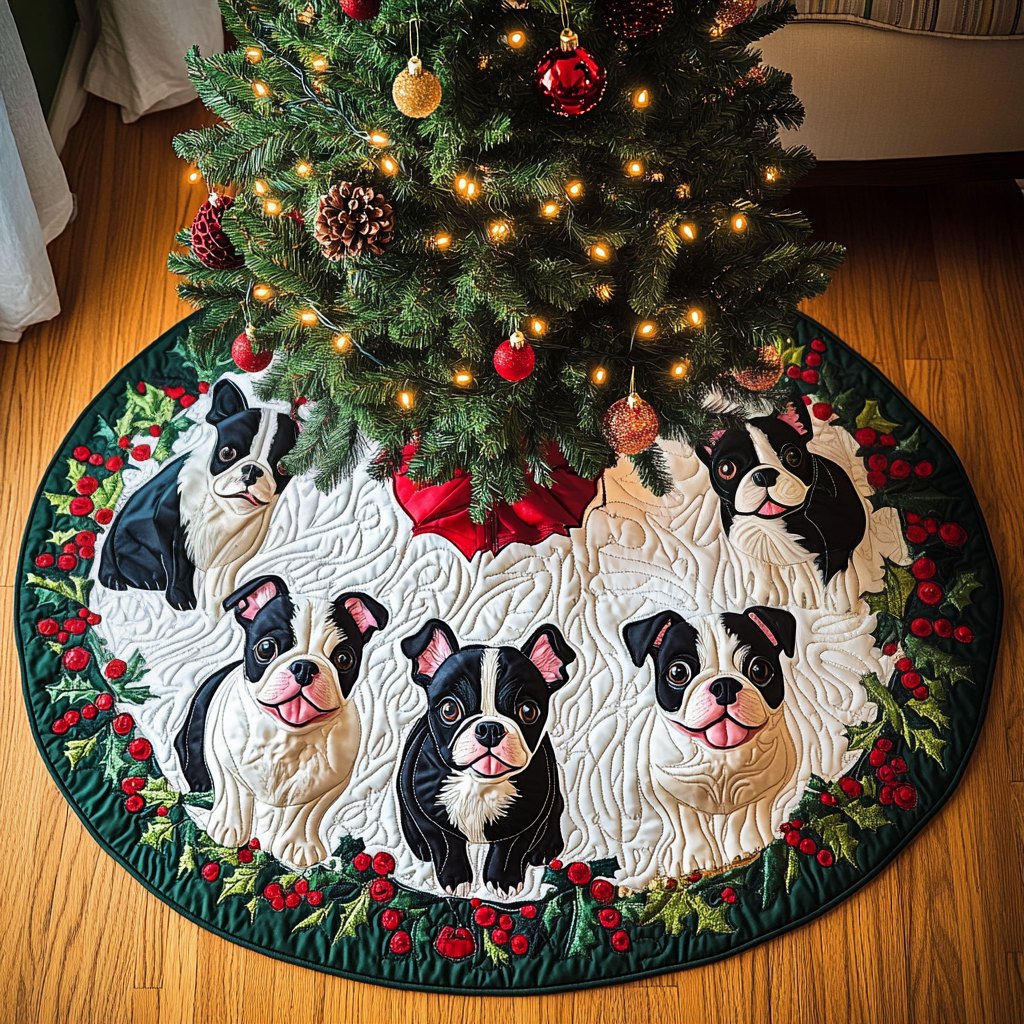 Boston Terrier Sleigh Bells Christmas Tree Skirt