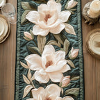 White Magnolias with Green Border Table Runner