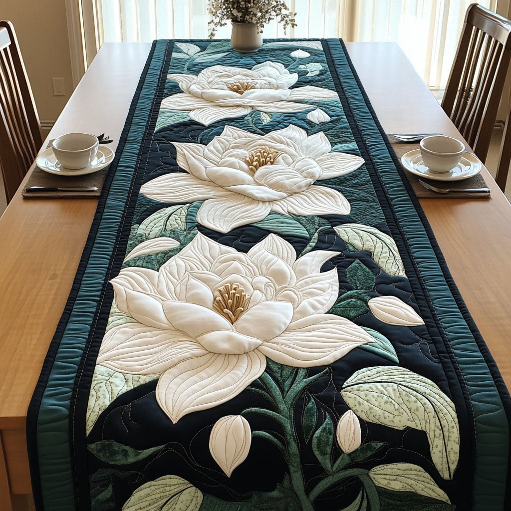 White Magnolias on Black Table Runner
