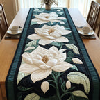 White Magnolias on Black Table Runner
