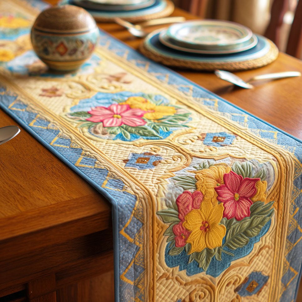 Pastel Blooms on Blue Patchwork Table Runner