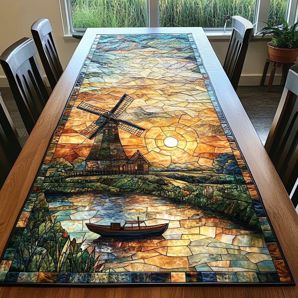 Windmill at Sunset with Rowboat Table Runner