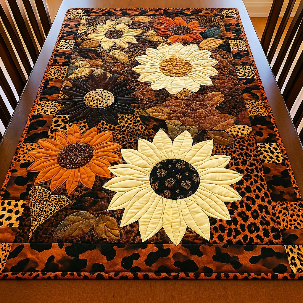 Bright Blooms Sunflowers on Leopard Print Table Runner