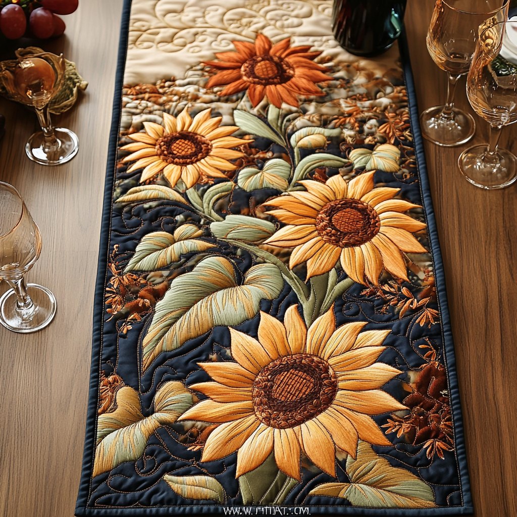 Sunflowers on Navy with Green Leaves Table Runner
