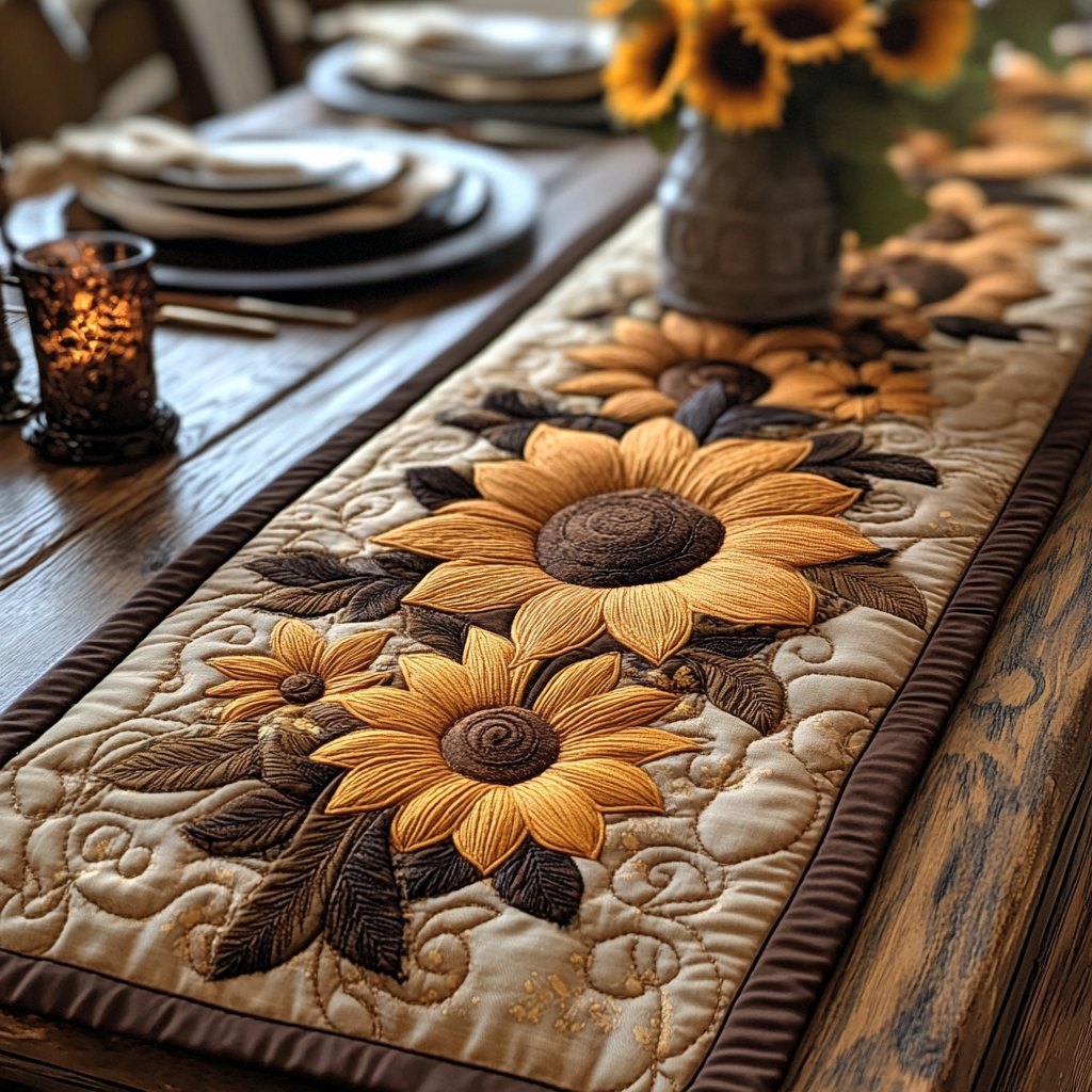 Brown Toned Sunflowers on Cream Table Runner