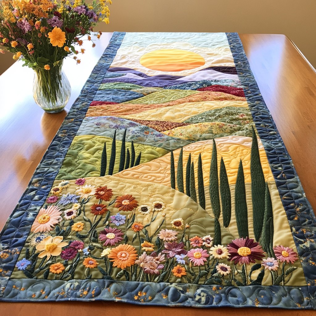 Tuscan Hills with Cypress and Wildflowers Table Runner