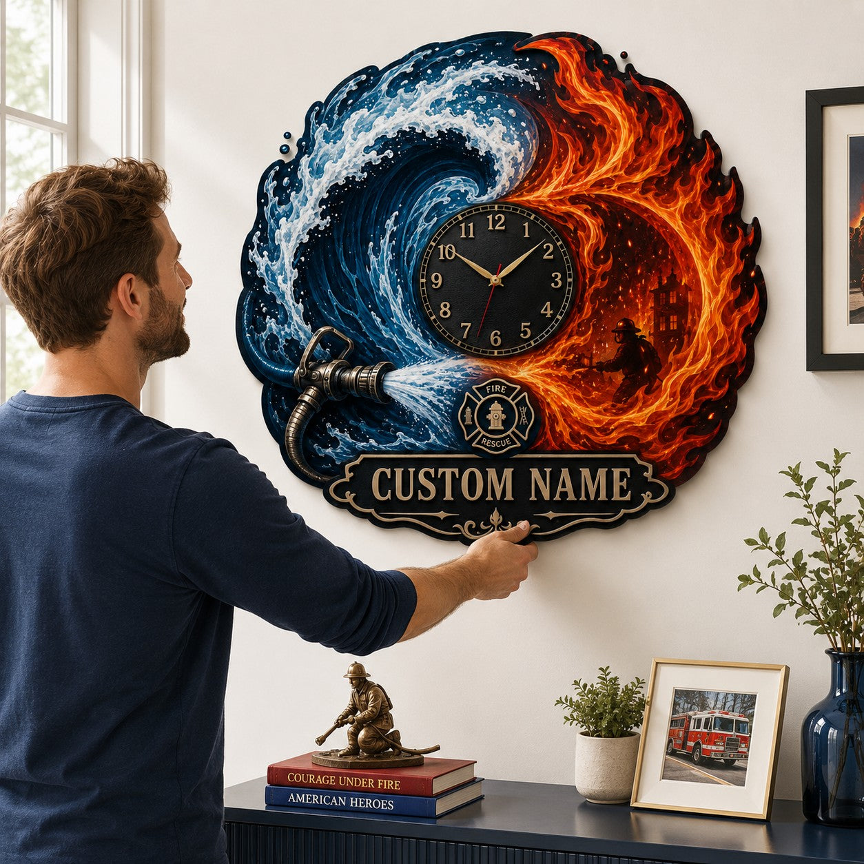 Firefighters Custom Name Wall Clock — personalized with a custom name