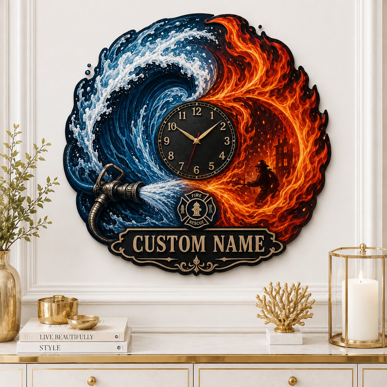 Firefighters Custom Name Wall Clock — personalized with a custom name