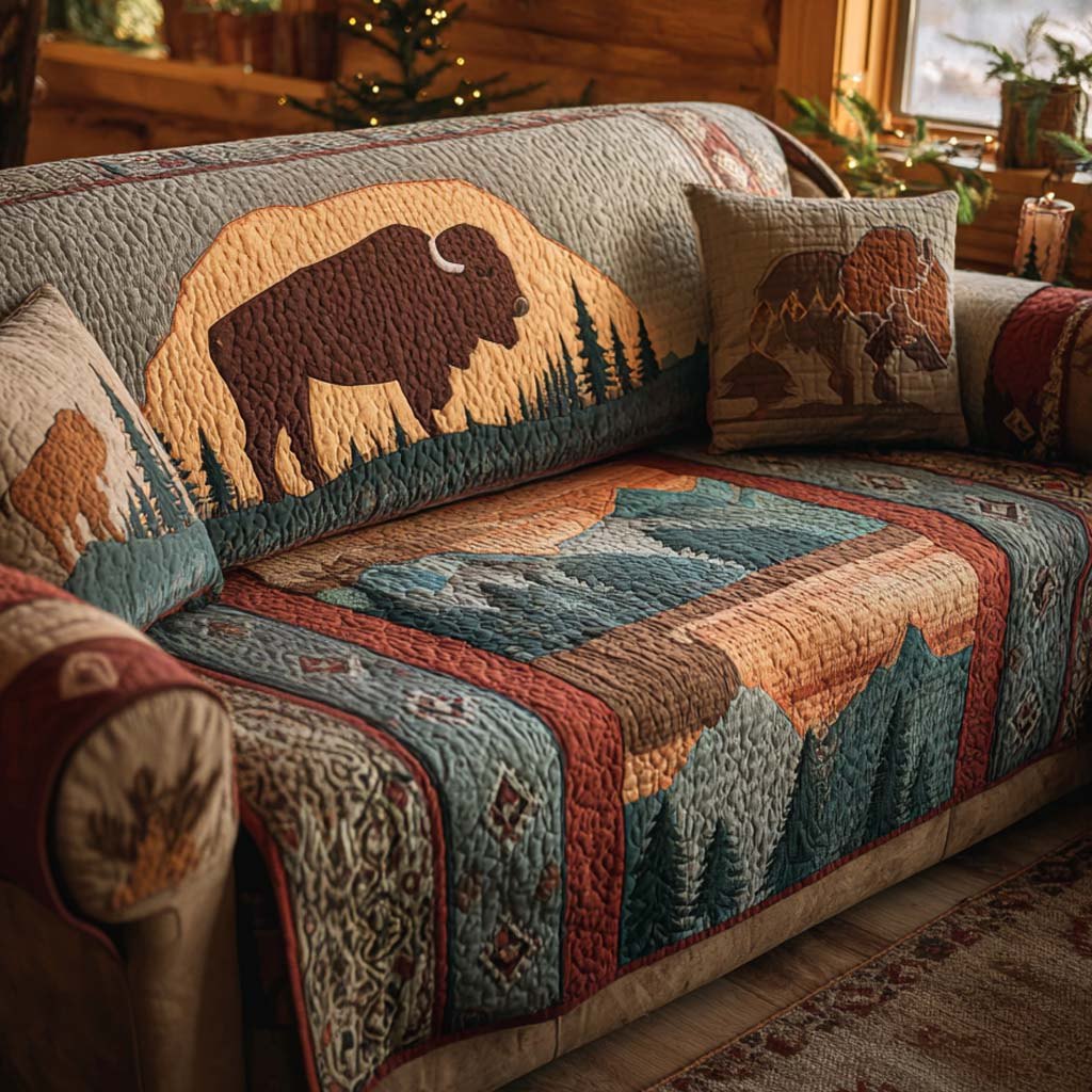 Buffalo Silhouette on Patchwork Sofa Cover