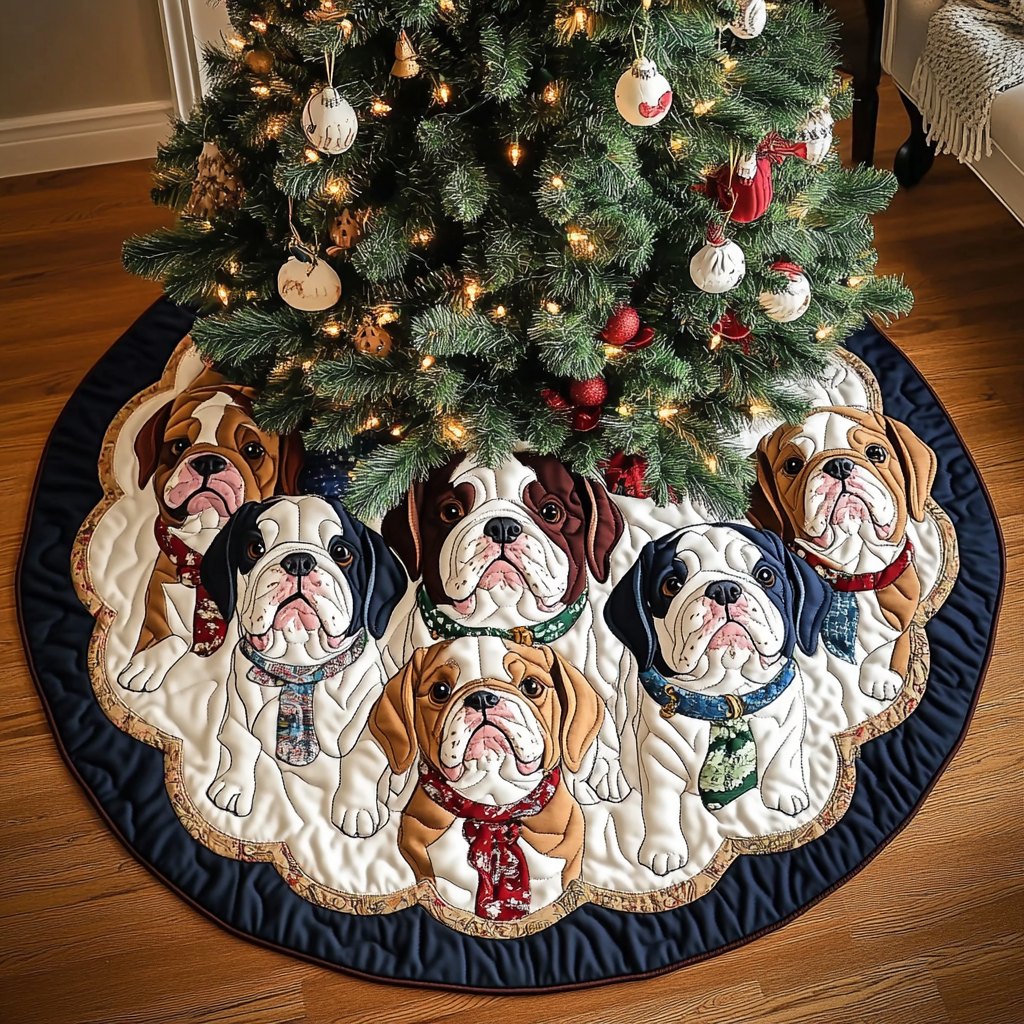 Bulldog Pups in Winter Scarves Christmas Tree Skirt