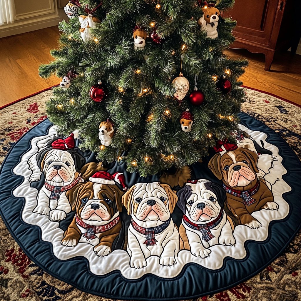 Bulldog Family on Emerald Christmas Tree Skirt