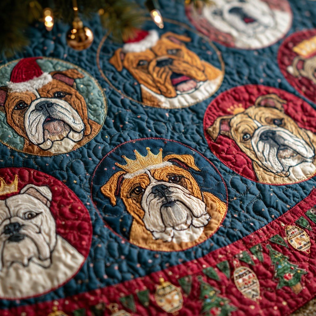 Bulldog Medallions on Navy Christmas Tree Skirt