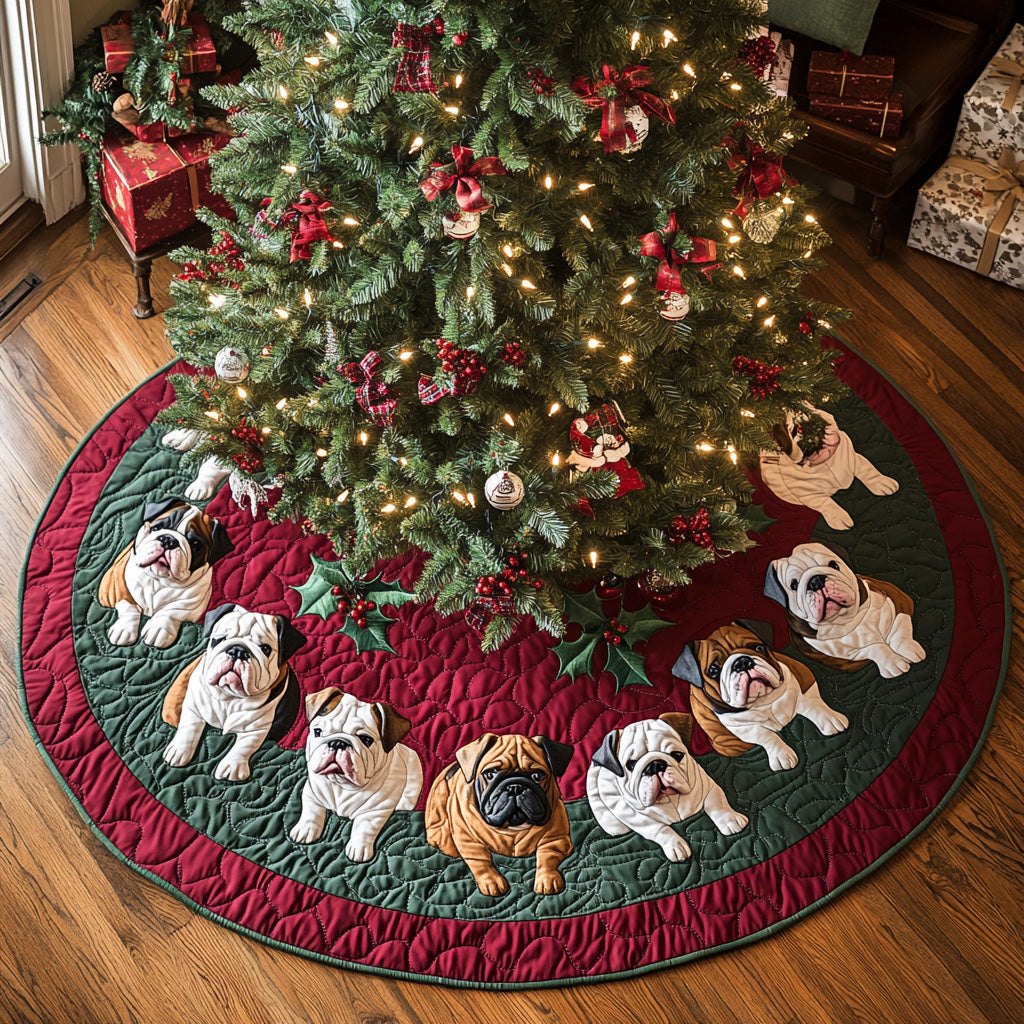 Bulldog Pups on Burgundy Christmas Tree Skirt