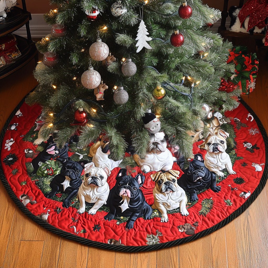 Bulldog Pack on Red Christmas Tree Skirt