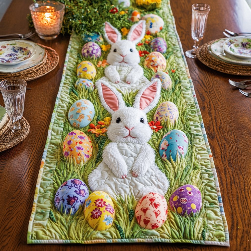 White Bunny with Colorful Eggs Table Runner
