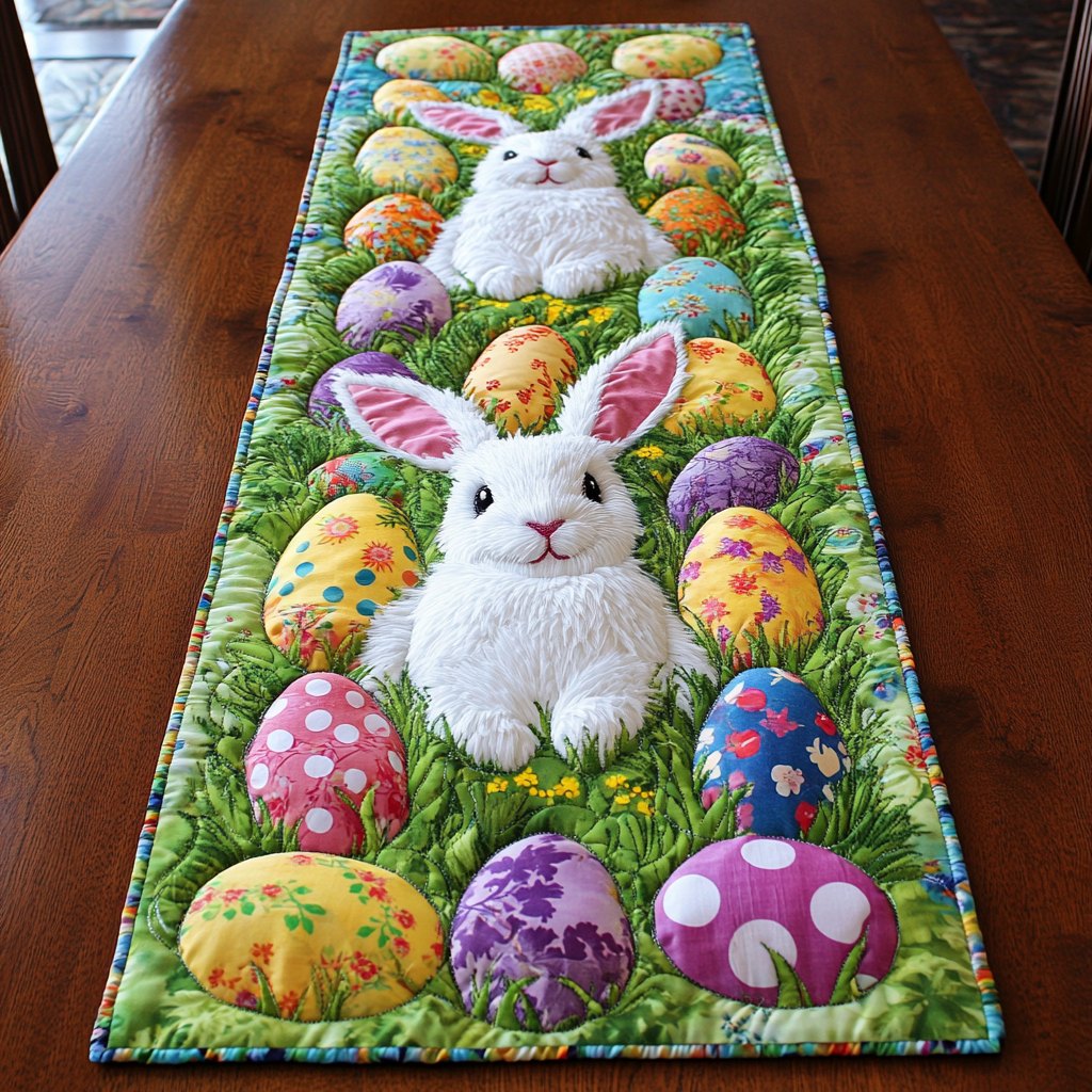 White Bunny in the Egg Filled Grass Table Runner