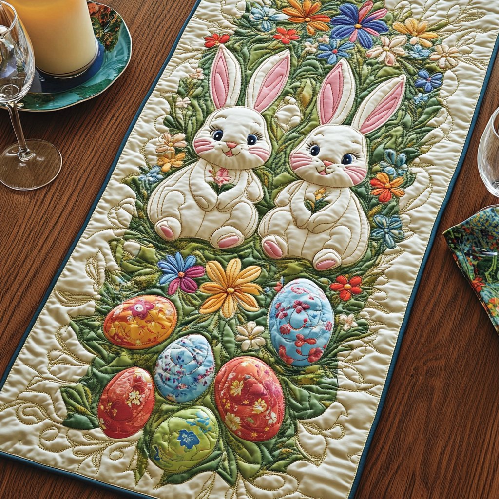 Two Bunnies with Eggs and Daisies Table Runner