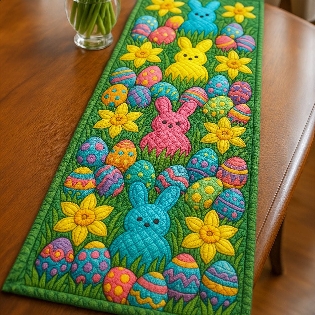 Blue Bunnies with Eggs and Daffodils Table Runner