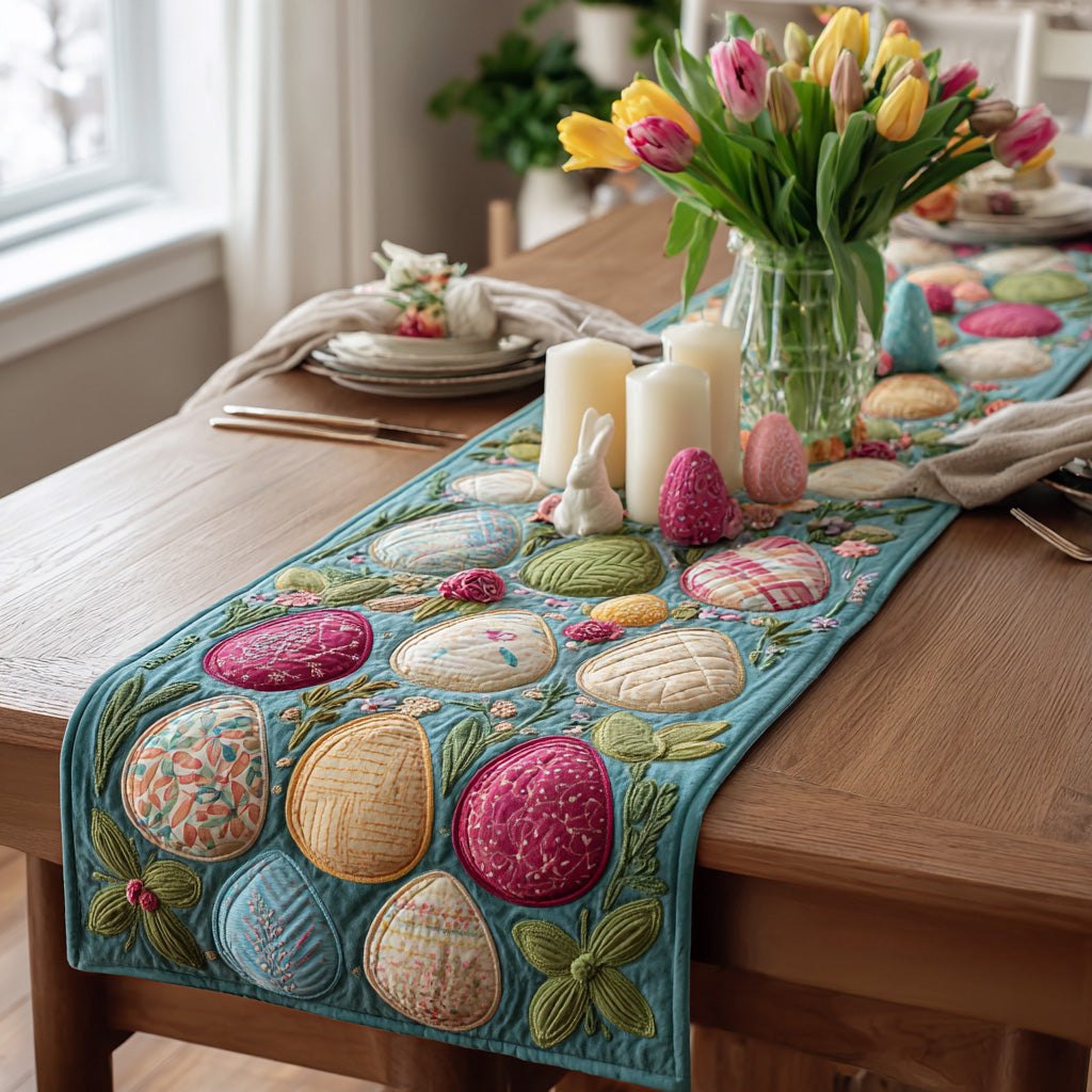 Pastel Easter Eggs on Teal Table Runner