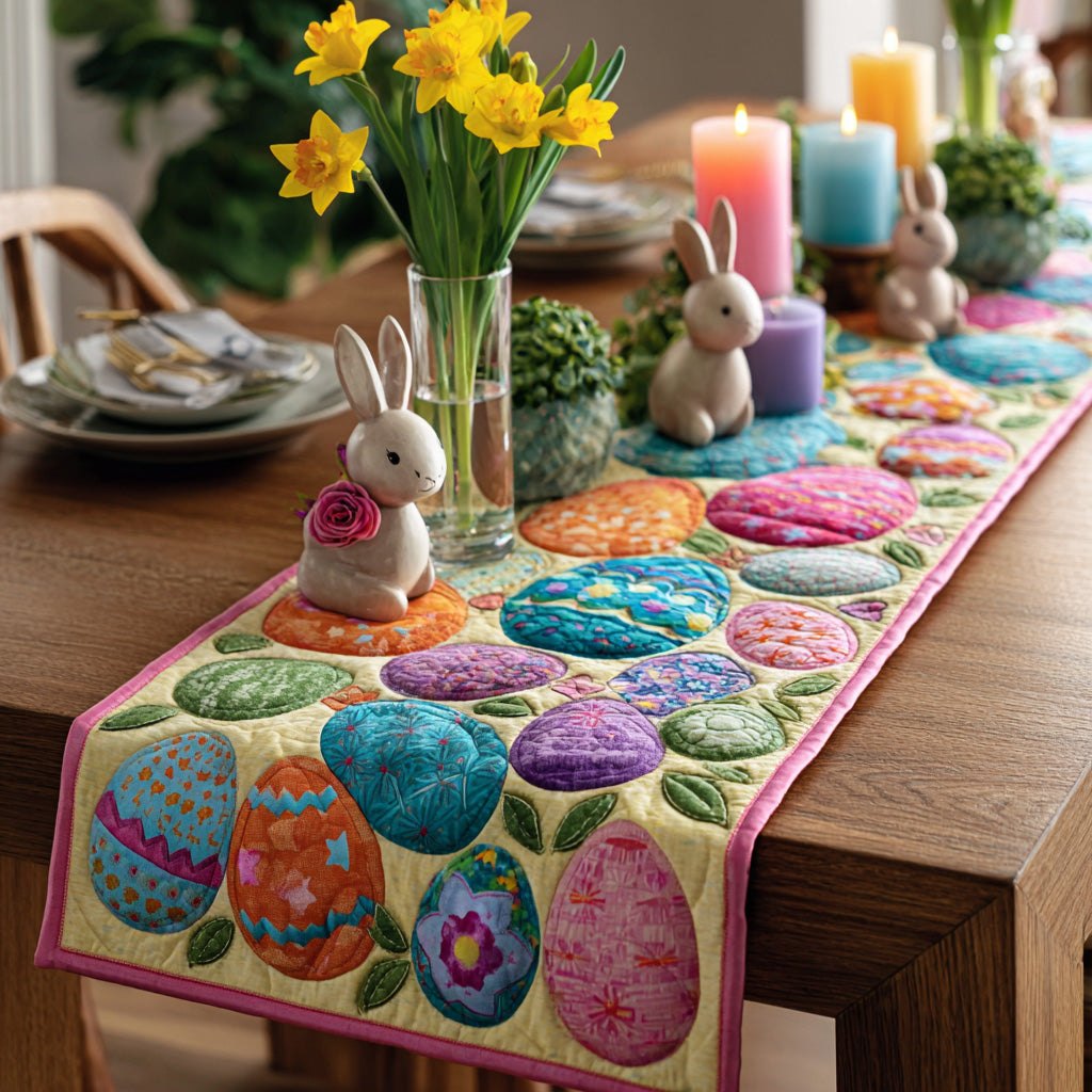 Bright Easter Eggs on Yellow Table Runner